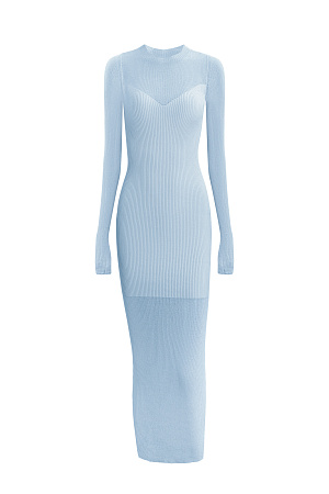 голубой Платье макси облегающего кроя из трикотажа на основе хлопка и вискозы. Круглый вырез. Длинные рукава. Имитация прозрачного нижнего слоя.