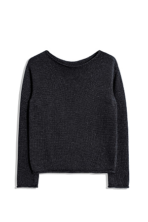 черный Лонгслив из вискозы с люрексом. Модель с вырезом-лодочкой и длинными рукавами. Манжеты рукавов и низ изделия декорированы валиками.  