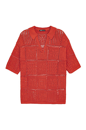 оранжевый Трикотажная футболка поло из 100% хлопка. Модель выполнена в стиле пэчворк. Изделие прямого кроя, с коротким рукавом,&nbsp;&nbsp;отложным воротником и V-образным вырезом горловины.