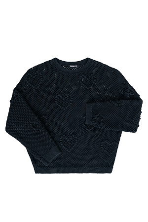 черный Трикотажный ажурный джемпер из хлопка. Модель свободного силуэта, со спущенной линией плеч, длинными рукавами и круглым вырезом горловины. Изделие декорировано объемными деталями в виде сердечек.