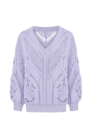 сиреневый Ажурный джемпер из хлопка с V-образным вырезом. Свободная посадка, длинный рукав с манжетами. Джемпер станет прекрасным дополнением к брюкам и к юбке, а фасон позволяет носить джемпер как вырезом на груди, так и на спине.