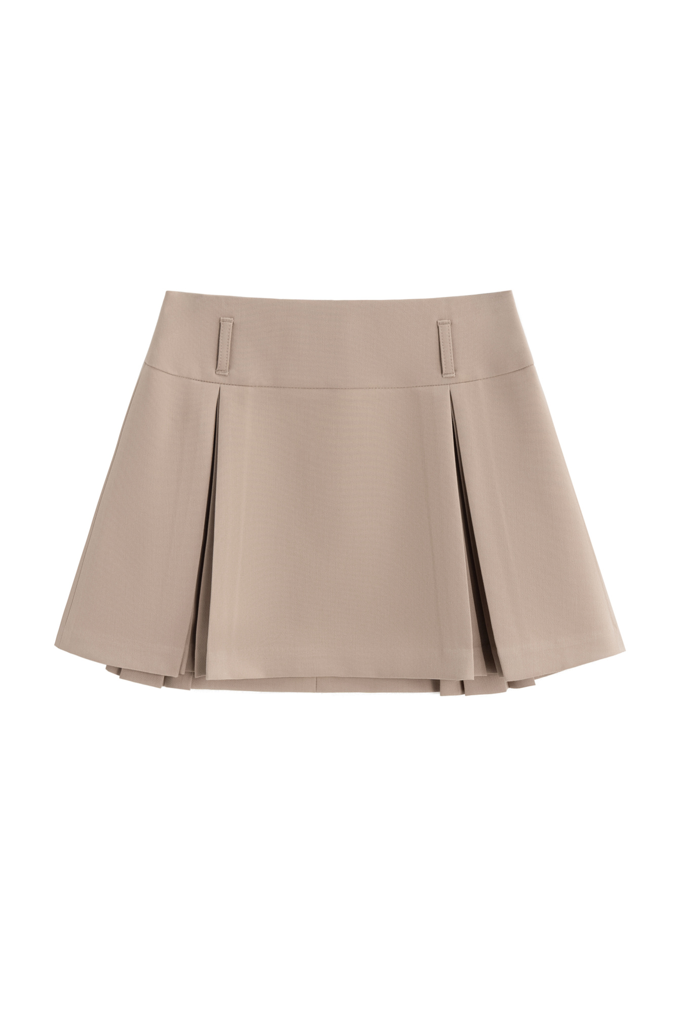 Юбка длины мини из поливискозы. Модель с высоким поясом, дополненым шлевками для ремня. Изделие декорировано закрытыми веерными складками. Застежка на молнию.