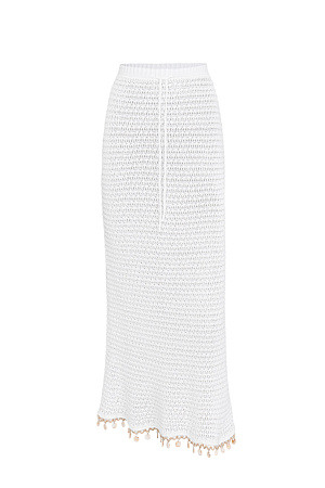 белый Трикотажная юбка длины макси на эластичном поясе с кулиской. Модель декорирована тесьмой с крупными бусинами. Дополнить образ можно джемпером в таком же стиле.&nbsp;&nbsp;