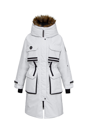 белый Удлиненная куртка на молнии с капюшоном из экомеха, наполнитель пух-перо, внутренняя кулиска на талии, накладные карманы спереди, фиксаторами на манжетах. Хороший показатель водонепроницаемости, выдержит слабый дождь и мокрый снег.