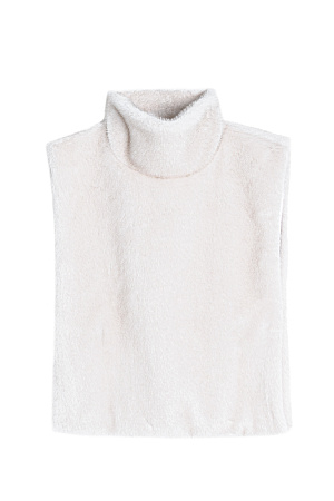 молочный Жилет из экомеха с воротником-стойкой и карманом-кенгуру. Модель фиксируется по бокам на кнопки. Изделие выполнено на подкладке.