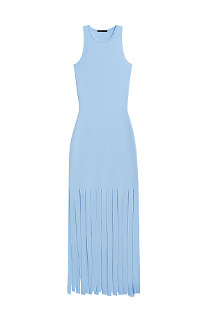 голубой Трикотажное платье длины мини из мягкой вискозы. Модель прителенного лисуэта, без рукавов и круглым вырезом горловины. Изделие декорировано бахромой из широких лент.