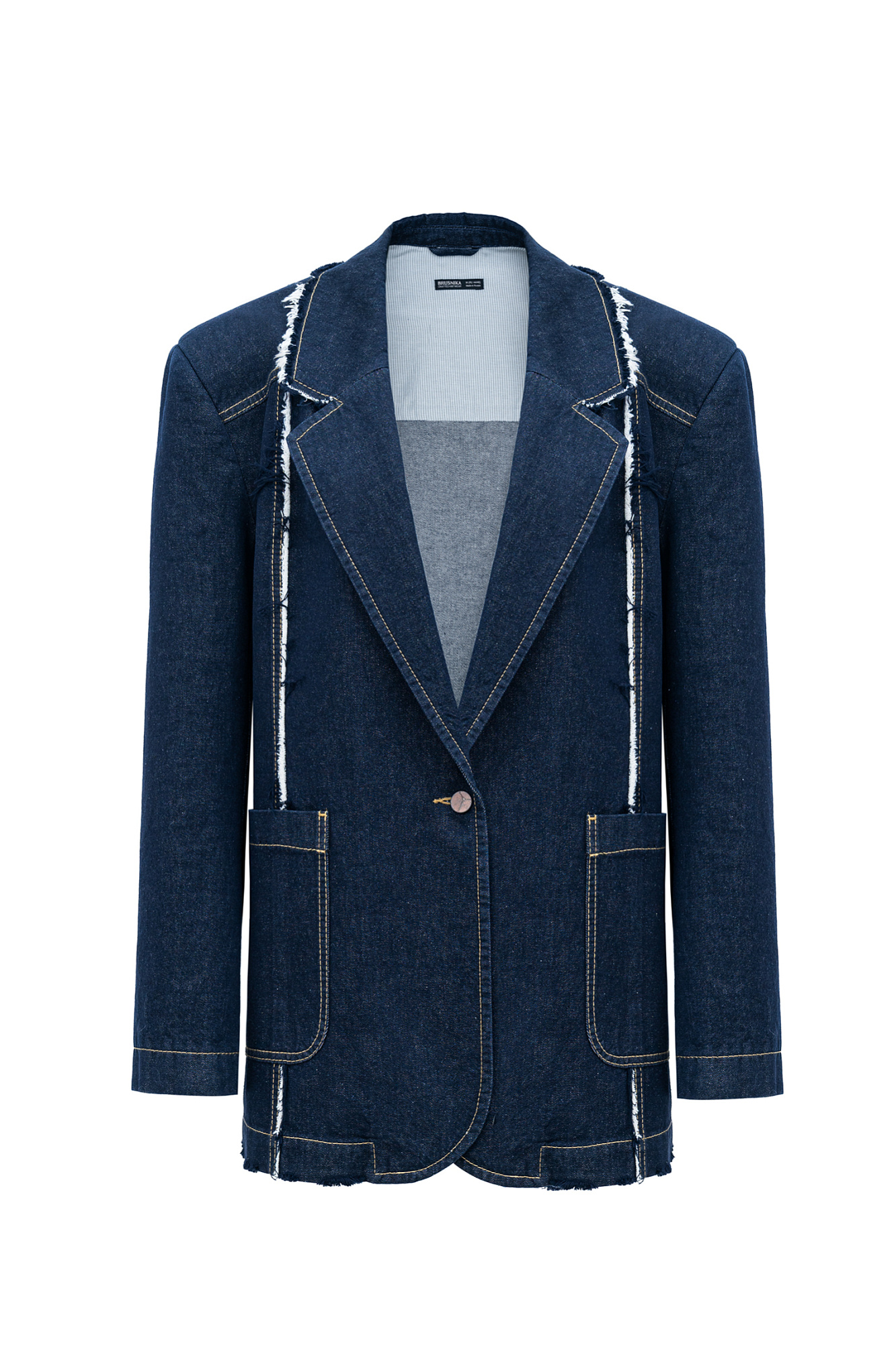 Джинсовый жакет из 100% хлопка с двумя накладными карманами и бахромой.