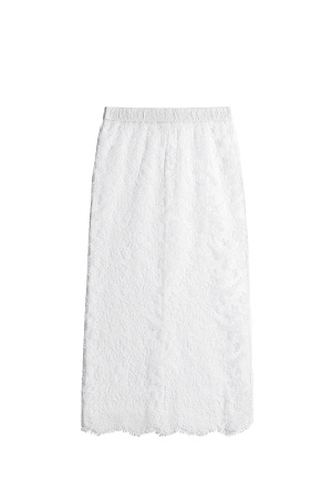 белый Юбка длины миди из тонкого кружева. Модель с высоким разрезом сзади и застежкой на скрытую молнию. Изделие выполнено без подкладки. 