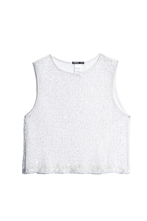 белый Прозрачный топ без рукавов, с круглым вырезом горловины. Модель декорирована пайетками. 