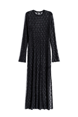 черный Платье длины макси из легкого кружева. Модель свободного силуэта с длинными рукавами, круглой горловиной и высоким разрезом на подоле. Изделие выполнено без подкладки. 