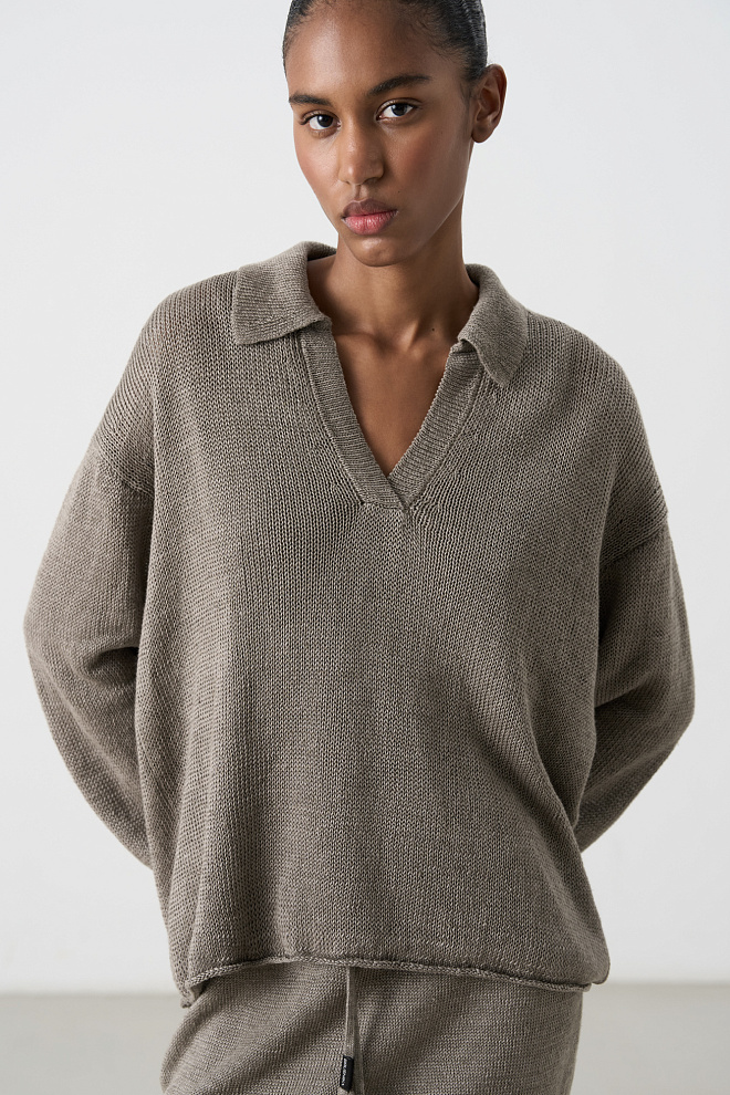 Джемпер из 100% льна с воротником поло