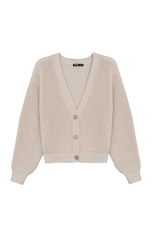 бежевый Хлопковый кардиган полуфанг с длинными рукавами. V-образный вырез, низ изделия и манжеты на эластичной ленте в рубчик.