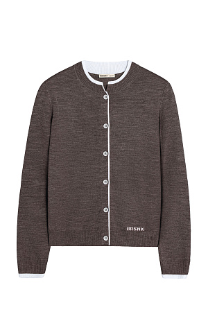 коричневый Трикотажный кардиган из шерсти с добавлением акрила. Модель свободного силуэта с контрастными манжетами и воротничком. Изделие декорировано брендированным жаккардом. Застежка на пуговицы.