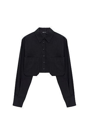 черный Рубашка из хлопка с добавлением полиэстера. Модель укороченного силуэта, с классическим отложным воротником, длинными рукавами и двумя накладными карманами на груди. Застежка на пуговицы. Имитация необработанного края.