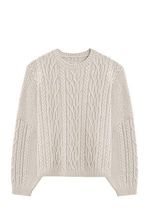 бежевый Трикотажный джемпер из вискозы и хлопка. Модель свободного силуэта со спущенной линией плеч, объемными рукавами и круглым вырезом горловины. Изделие декорировано фактурной вязкой в виде кос разной толщины. Края выполнены в рубчик.