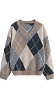 Трикотажный джемпер из кашемира с узором аргайл. Модель свободного силуэта, со спущенной линией плеча и V-вырезом горловины. Края изделия выполнены в рубчик. 