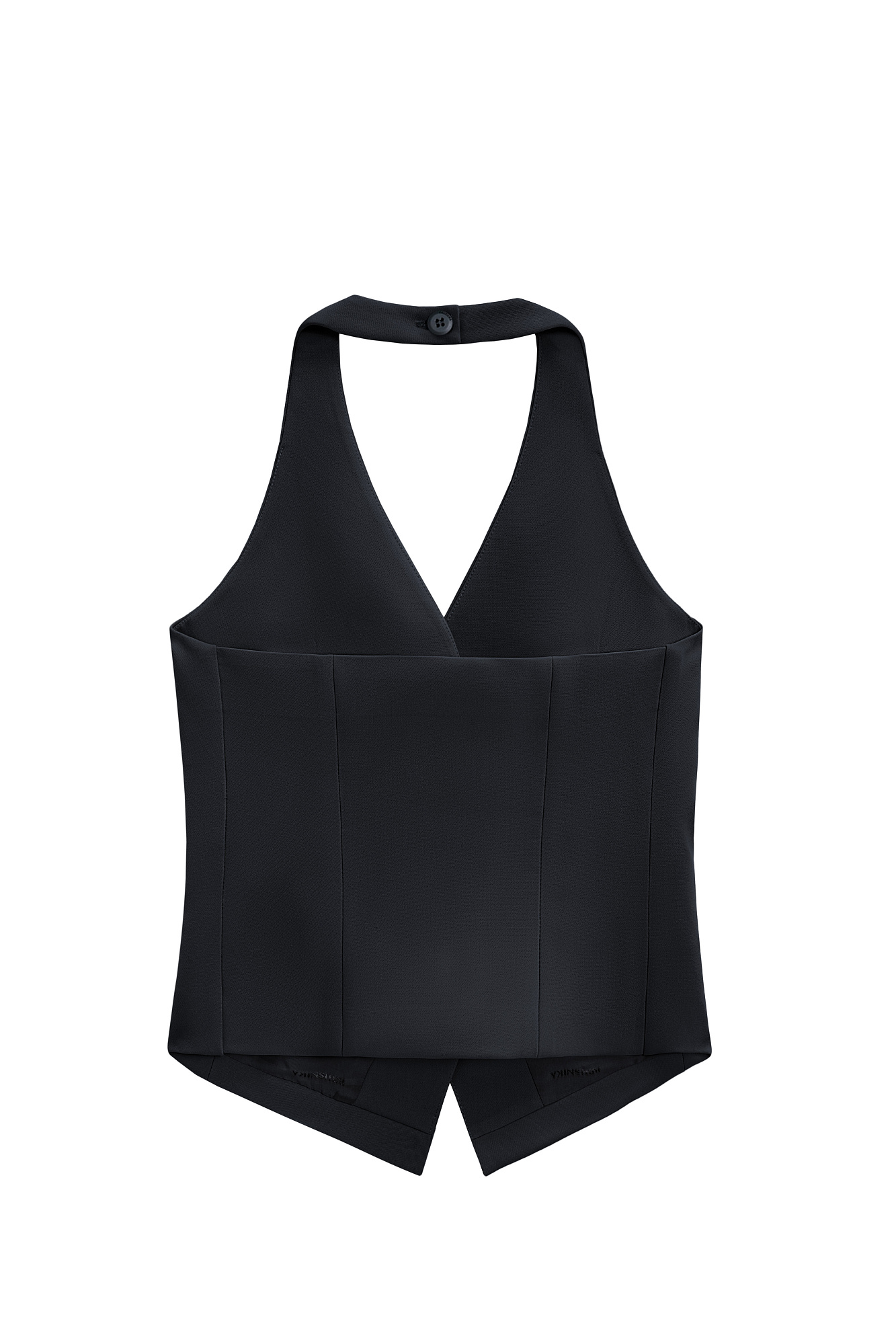 Жилет из поливискозы с открытой спиной и вырезом халтер. Модель приталенного силуэта с глубокой проймой, V-образным вырезом горловины и прорезными карманами. Застежка на пуговицы.