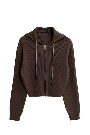 коричневый Короткий трикотажный бомбер из шерсти. Модель свободного силуэта, со спущенной линией пллеч, длинными рукавами и капюшоном с кулиской. Низ изделия и манжеты рукавов выполнены на эластичной резинке. Застежка на молнию.