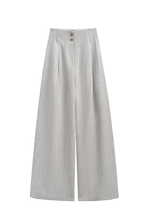 серый Широкие брюки из 100% льна с высокой посадкой. Модель прямого кроя с защипами и боковыми карманами. Шлевки на поясе для ремня. Застежка на молнию и две пуговицы.