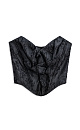 Корсет из жатого жаккарда с растительным орнаментом. Модель без бретелей, с фигурным вырезом декольте, драпировкой и объемным декором. Шнуровка на спинке через металлические люверсы.