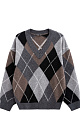 Трикотажный джемпер из кашемира с узором аргайл. Модель свободного силуэта, со спущенной линией плеча и V-вырезом горловины. Края изделия выполнены в рубчик. 