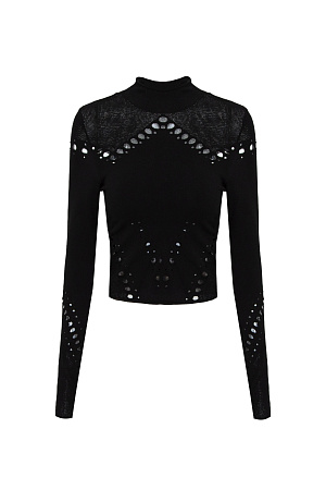 черный Трикотажная укороченная водолазка из тонкой эластичной вискозы. Модель облегающего силуэта, с длинными рукавами и невысоким воротником-стойкой. Изделие выполнено в комбинированной технике вязки, сочетающей гладь и сетку. Водолазка декорирована вырезами, создающими геометрический узор.<br />
