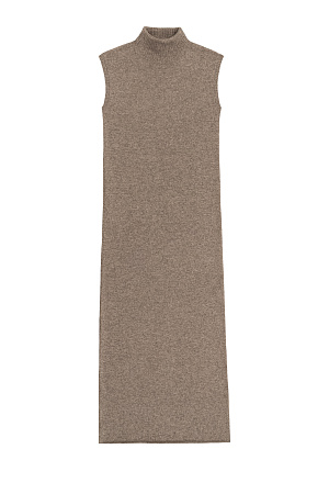 бежевый Трикотажное платье длины макси из шерсти и кашемира. Модель прямого кроя без рукавов и высоким воротником.
