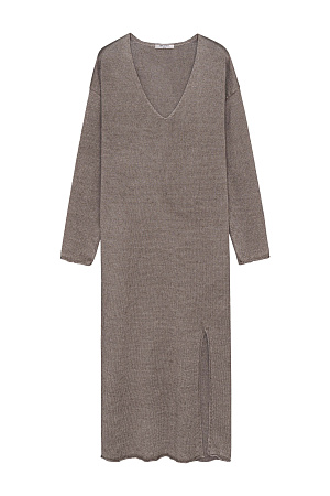 коричневый Трикотажное платье длины макси из 100% льна. Модель прямого силуэта с V-образным вырезом и длинным рукавом. Изделие декорировано разрезом спереди.