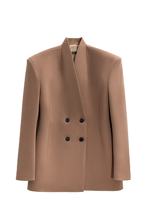коричневый Двубортный жакет из вискозы. Модель приталенного силуэта, с широкими плечами и невысоким воротником без лацканов. Изделие выполнено на подкладке. 