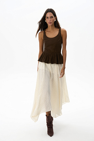 молочный Юбка из тенсела длины миди. Модель асимметричного кроя с застежкой на потайную молнию.