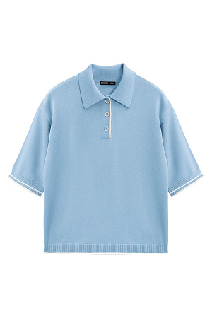 голубой Трикотажная футболка поло из вискозы. Модель прямого силуэта, со спущенной линией плеч, короткими рукавами, отложным воротником-поло и планкой с тремя пуговицами. Рукава и нижний край изделия декорированы кантом контрастного цвета. 