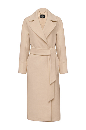 бежевый Длинное шерстяное пальто на запах на подкладке без застежки, с поясом из основной ткани. V-образный вырез с лацканами. Два кармана в боковых швах. <br />
