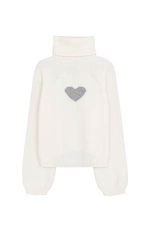 белый Трикотажный джемпер из шерсти с добавлением кашемира. Модель с высоким воротником в рубчик, спущенной линией плеча и жаккардовым рисунком в виде сердца на спине.