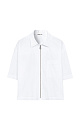 Рубашка из хлопка с добавлением полиамида. Модель прямого кроя, со спущенной линией плеч, отложным воротником, короткими рукавами, накладным карманом на груди и застежкой на молнию.