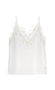Трикотажный топ из 100% льна. Модель свободного силуэта, на тонких бретельках, глубоким V-образным вырезом, декорированным кружевом, и ажурным низом.