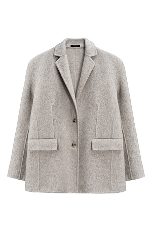 серый Однобортный жакет-пальто из шерсти. Модель прямого кроя с вытачками, классическим отложным воротником и двумя прорезными карманами с клапанами. Застежка на две пуговицы. Изделие без подкладки. При созаднии жакета была использована технология Double Face, тщательная ручная обработка швов обеспечивает отсутствие видимых строчек на лицевой стороне.