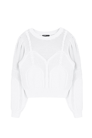 белый Хлопковый джемпер с круглым вырезом и объемными рукавами. Ажурный рисунок с объемными косами.