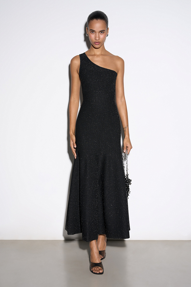 Трикотажное платье с люрексом на одно плечо