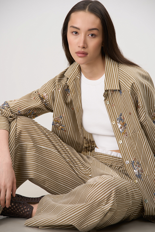 Полосатые брюки из вискозы и льна