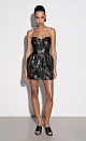 Платье длины мини из жаккарда. Модель с корсетным верхом и фигурным вырезом декольте. Застежка на потайную молнию сзади. Изделие на подкладке.