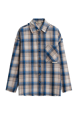 голубой Рубашка в клетку из 100% хлопка. Модель прямого кроя с отложным воротником и нагрудным карманом с логотипом бренда. Изделие декорировано имитацией необработанного края. 