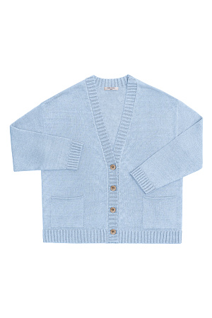 голубой Трикотажный кардиган из 100% льна. Модель свободного кроя со спущенной линией плеча, длинным рукавом, накладными карманами и V-образным вырезом горловины. Края изделия выполнены в рубчик. Застежка на пуговицы.
