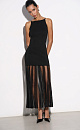 Трикотажное платье длины макси с полупрозрачной юбкой плиссе. Модель приталенного силуэта, без рукавов и неглубоким вырезом декольте.