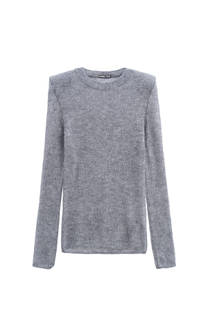 серый Полупрозрачный трикотажный джемпер из шерсти с добавлением мохера. Модель по фигуре с круглым вырезом горловины. Изделие с подплечниками.