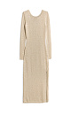 Трикотажное платье длины макси из вискозы с добавлением люрекса. Модель по фигуре с длинными рукавами, круглым вырезом горловины, вырезом на спине и разрезом на подоле сбоку. Края изделия выполнены в рубчик.