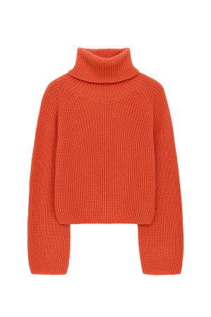 оранжевый Трикотажный укороченный джемпер из шерсти альпака в рубчик. Модель свободного силуэта с высоким воротом