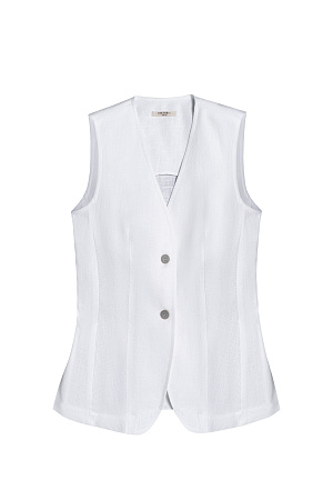 белый Удлиненный жилет из 100% льна. Модель приталенного силуэта, с V-образным вырезом горловины, вертикальными вытачками, ремнем на спинке и разрезами по бокам. Изделие бех подкладки. 