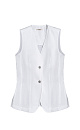 Удлиненный жилет из 100% льна. Модель приталенного силуэта, с V-образным вырезом горловины, вертикальными вытачками, ремнем на спинке и разрезами по бокам. Изделие бех подкладки.
