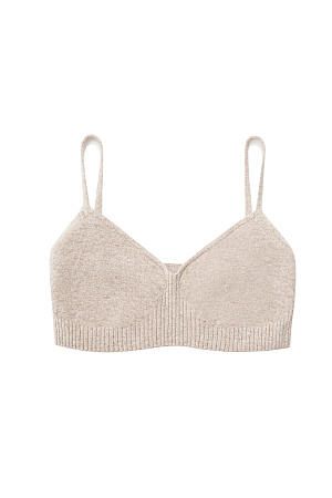 бежевый Базовый трикотажный топ, выполненный из кашемира и шерсти. Модель на тонких бретельках. вывязанными чашечками и эластичной резинкой в рубчик.