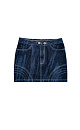 Джинсовая юбка длины мини. Изделие декорировано отстрочкой контрастного цвета, формирующей графические акценты. Застежка на молнию и пуговицу. Без подкладки.